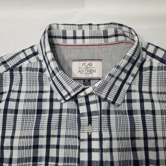 Flag & Anthem Mens XL Plaid Pattern Navy Blue White Button Down Shirt Pocket - Picture 6 of 16
